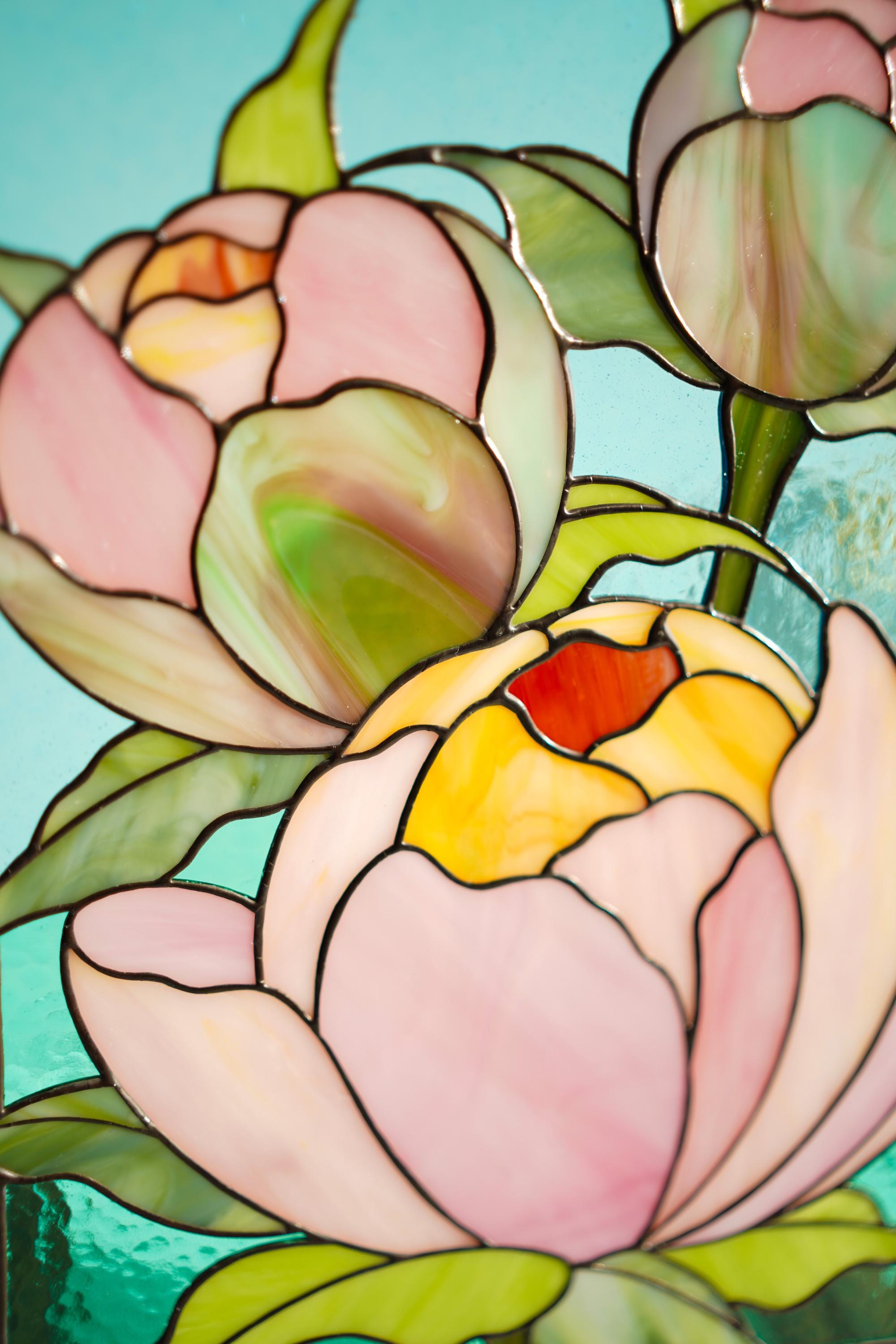Tiffany Stained Glass Peony Panel, Floral Suncatcher with Wooden Stand