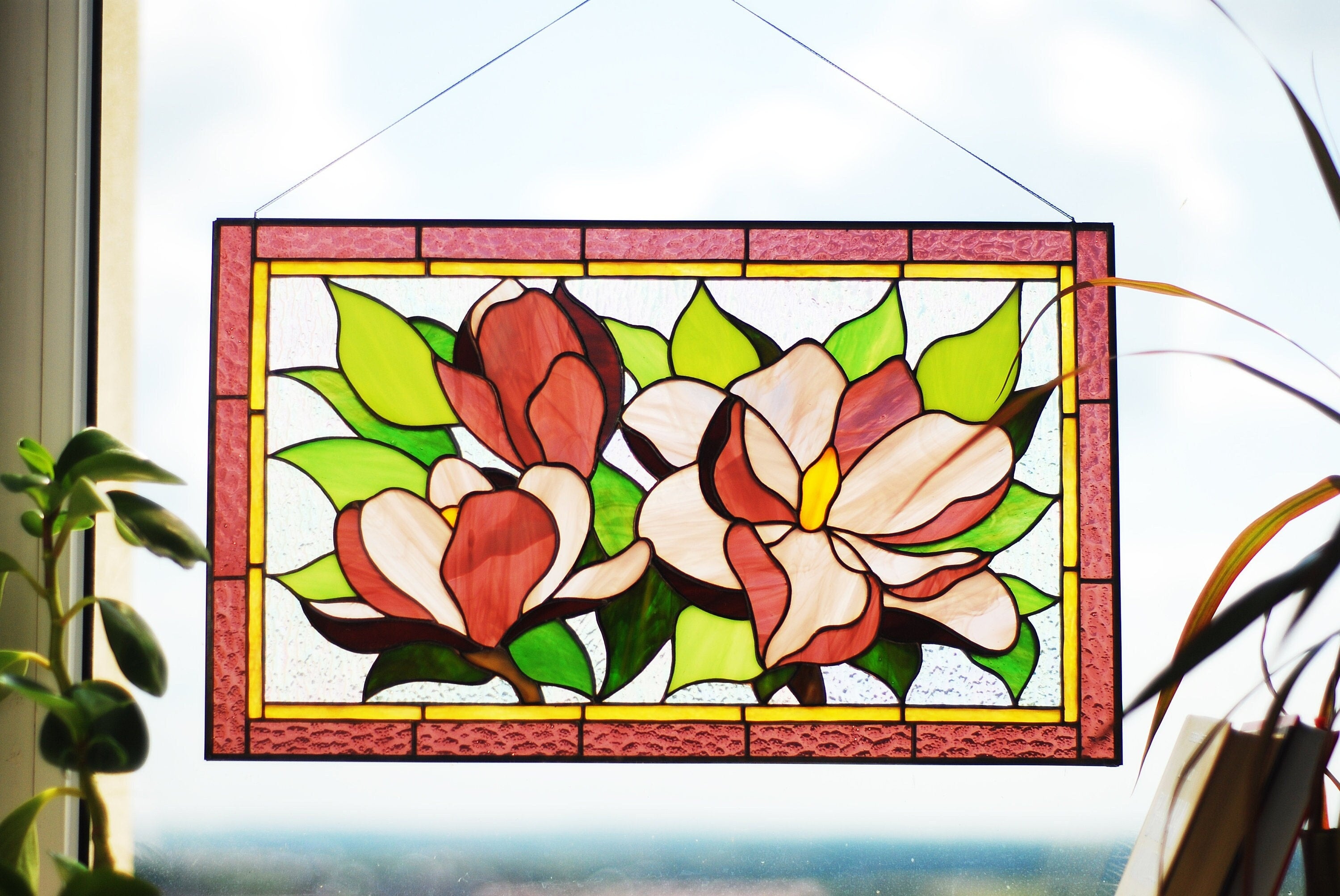 Stained Glass Magnolia Panel 15.5 x12.5 inch. Floral Window Hangings, Purple flower Suncatcher, Handmade Home Decoration Tiffany Glass Art