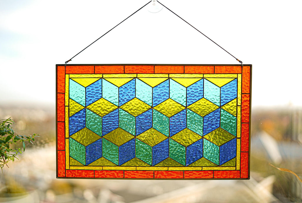 Geometric Stained Glass Panel | Modern Tiffany Cube Suncatcher