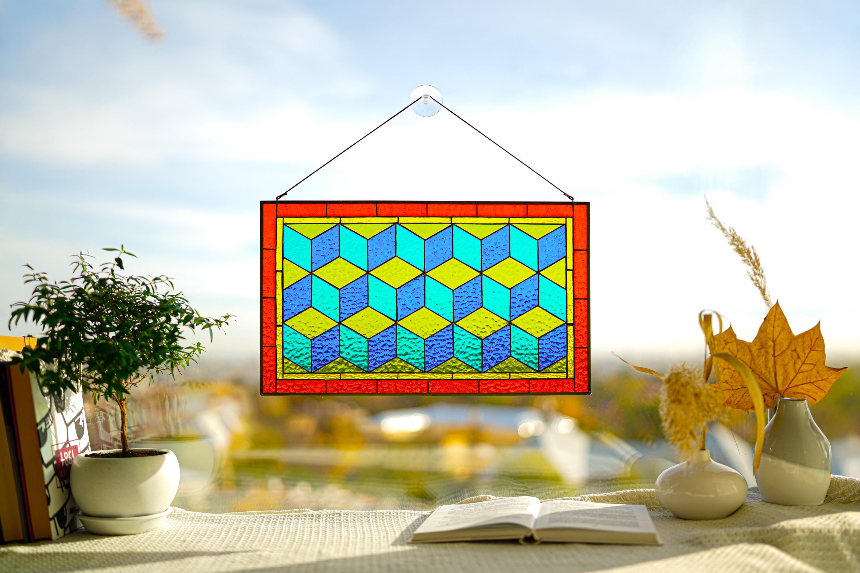 Geometric Stained Glass Panel | Modern Tiffany Cube Suncatcher