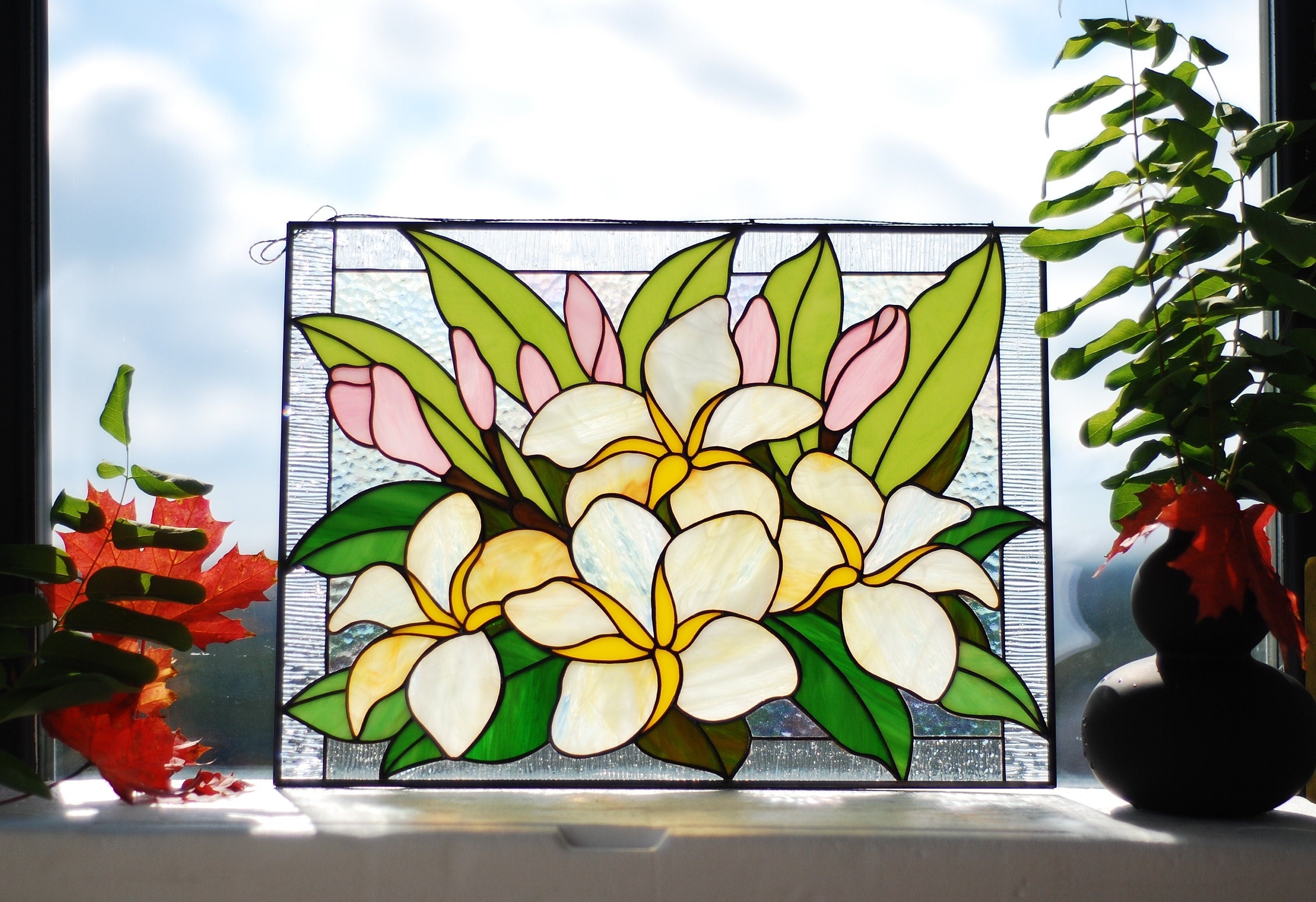 Plumeria Stained Glass Window Hanging, Frangipani Floral Panel, Tropical Flower Suncatcher, Botanical Wall Art, Handcrafted Nature Gift