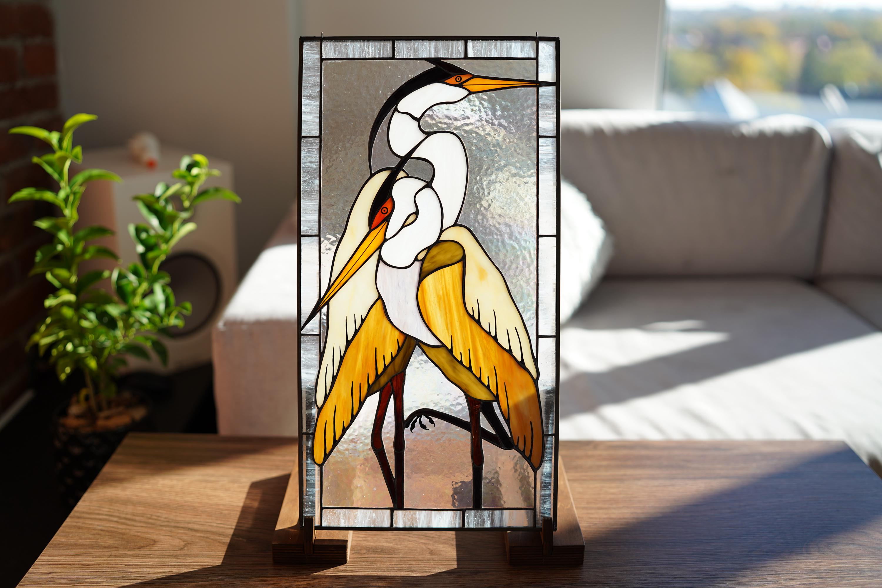 Handmade Stained Glass Heron Panel, Bird Window Hanging, Wooden Stand Included