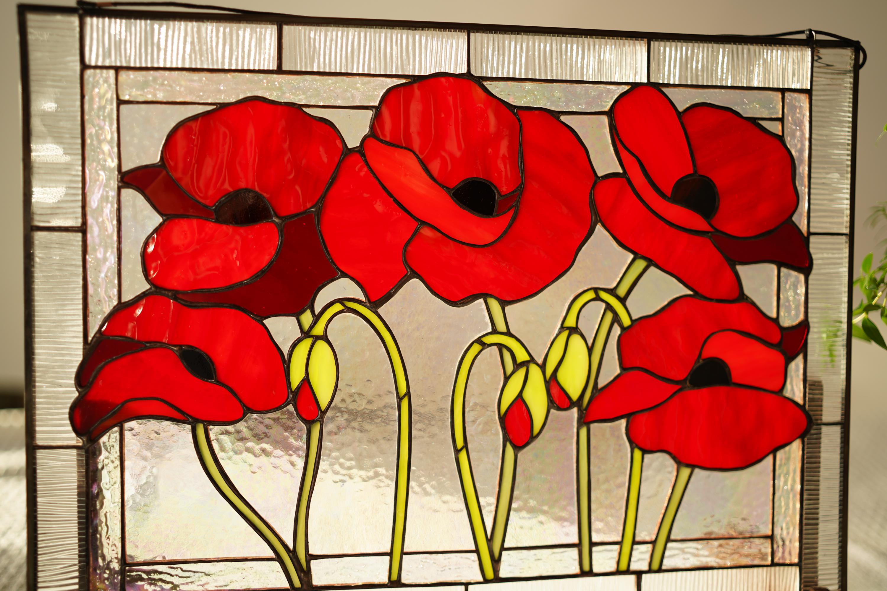 Stained Glass Red Poppy Panel 15.x11.5 inch | Flower Table Decor on Wooden Stands | Window Hanging Suncatcher, Mother’s Day gift, Glass Art