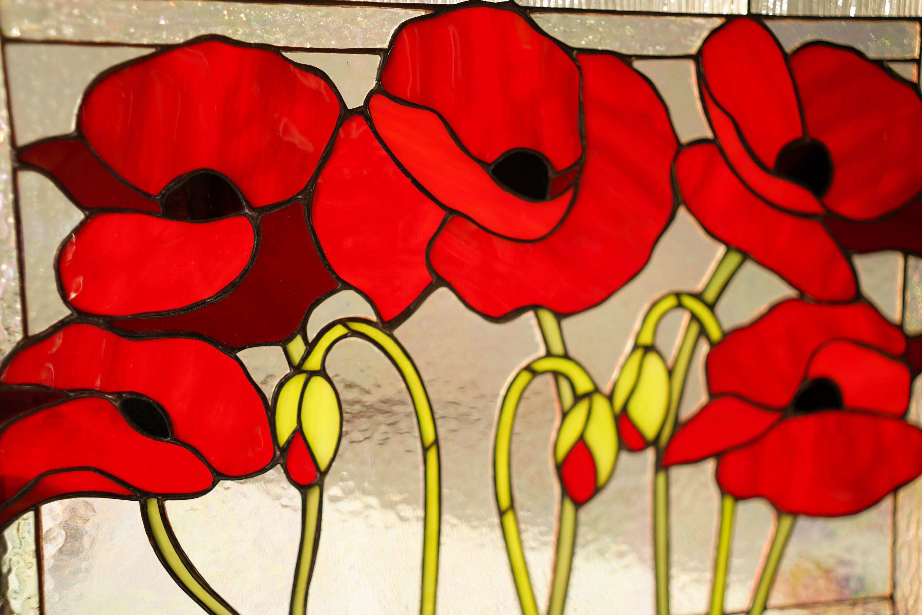 Stained Glass Red Poppy Panel 15.x11.5 inch | Flower Table Decor on Wooden Stands | Window Hanging Suncatcher, Mother’s Day gift, Glass Art
