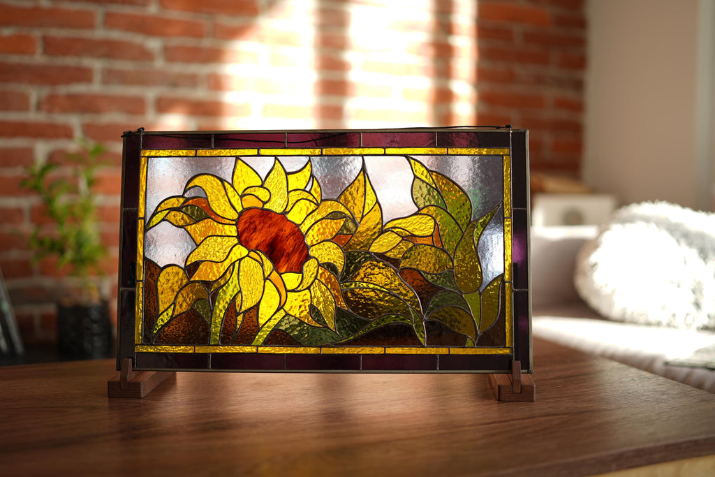 Tiffany Stained Glass Sunflower Panel: Floral Suncatcher with Wooden Stand