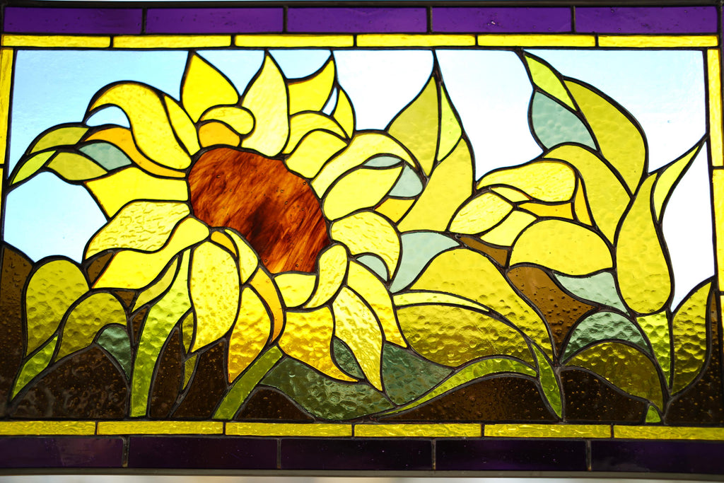 Tiffany Stained Glass Sunflower Panel: Floral Suncatcher with Wooden Stand