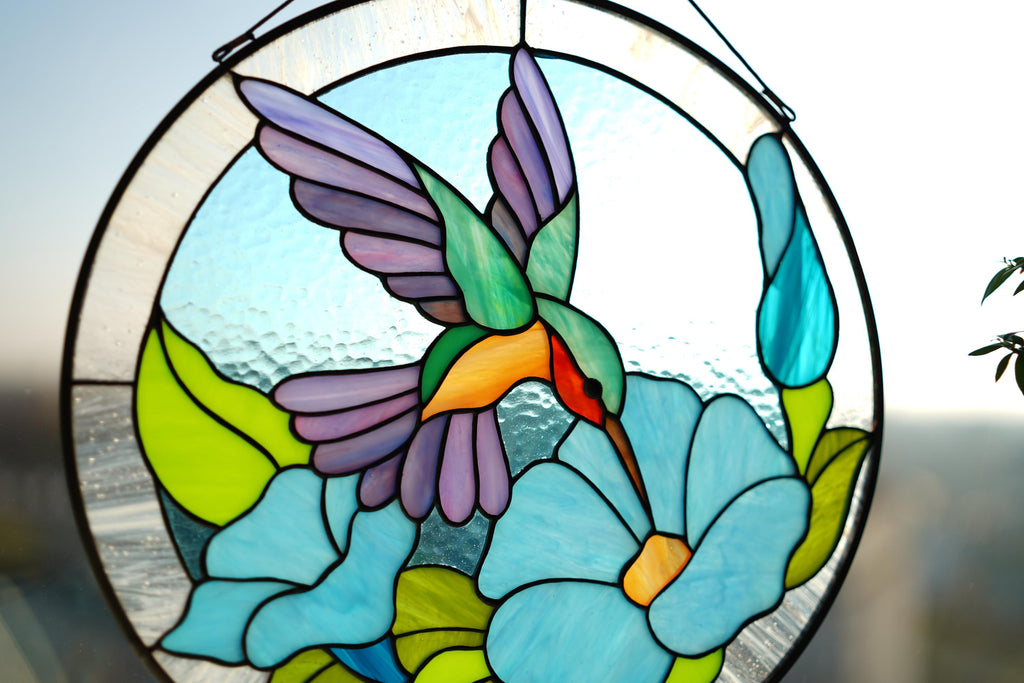 Stained Glass Hummingbird Suncatcher • Morning Glory Flower, Tiffany Panel, 12 In. Round Window Hangings, Stained glass art