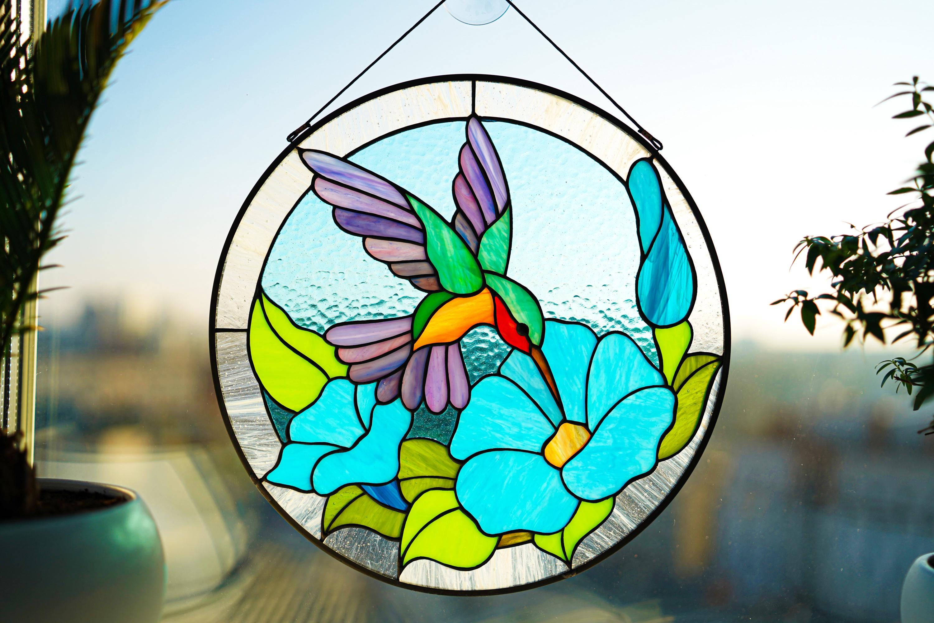 Stained Glass Hummingbird Suncatcher • Morning Glory Flower, Tiffany Panel, 12 In. Round Window Hangings, Stained glass art