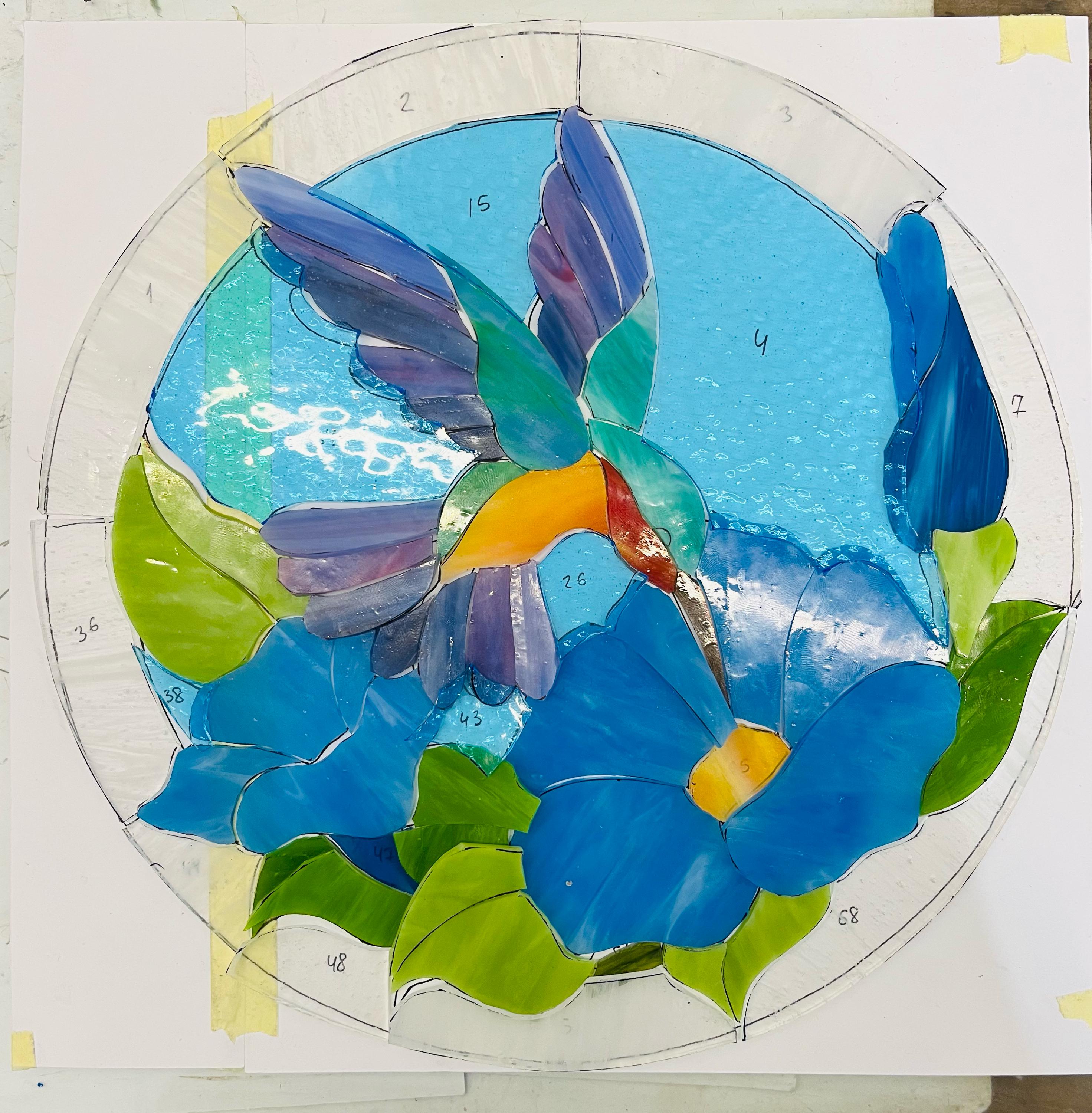 Stained Glass Hummingbird Suncatcher • Morning Glory Flower, Tiffany Panel, 12 In. Round Window Hangings, Stained glass art