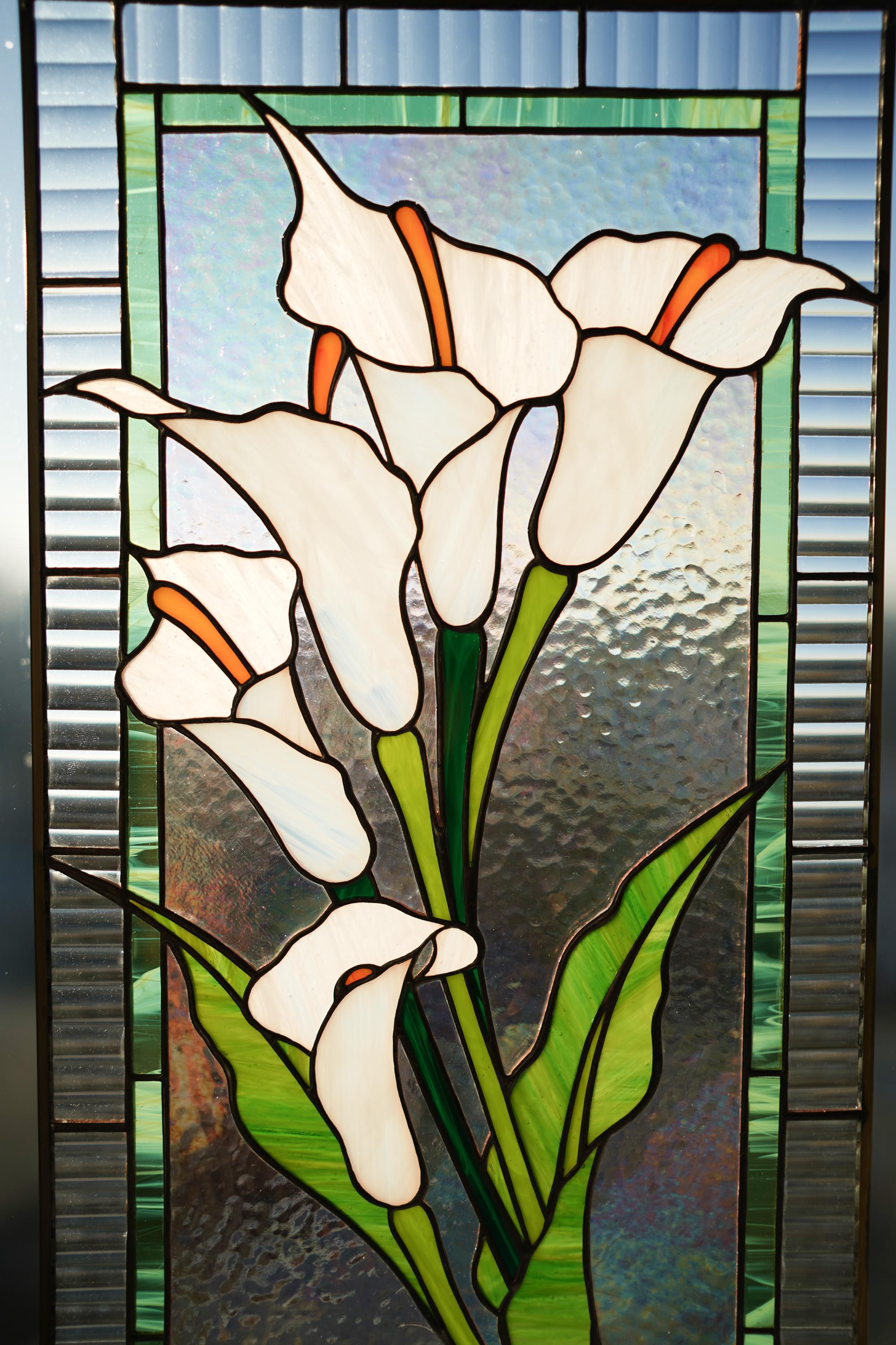 Stained Glass Panel Calla Lily White Flower Window Hanging, Large Stained Glass Suncatcher Tiffany glass art, Handmade Mother’s Day gift