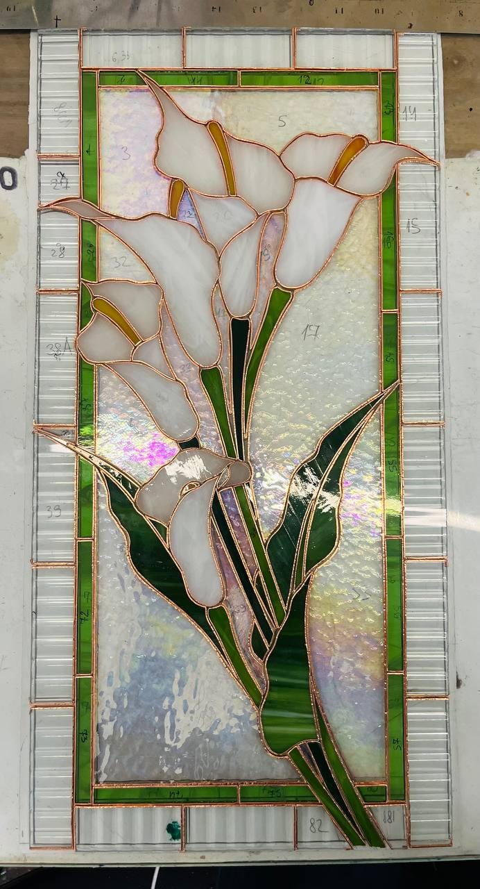 Stained Glass Panel Calla Lily White Flower Window Hanging, Large Stained Glass Suncatcher Tiffany glass art, Handmade Mother’s Day gift