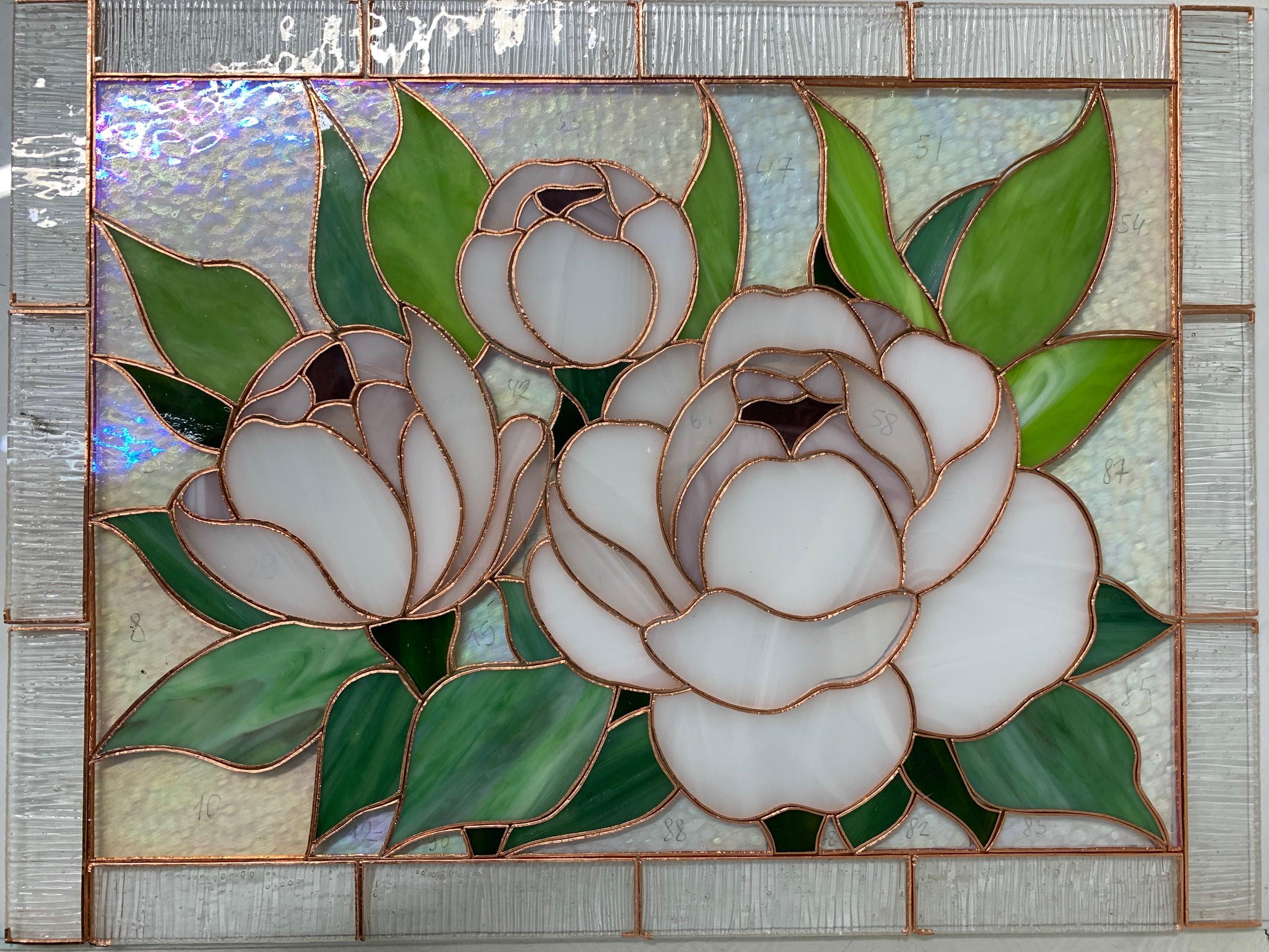 White peony stained glass panel, Flower window hangings Flower stained glass suncatcher, Tiffany window decor, Mother’s Day gift, Glass art