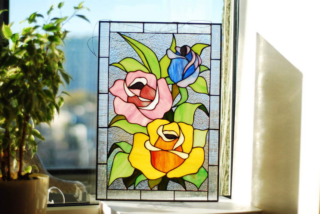 Stained glass window panel multicolored roses, Handmade sun catcher, Personalized gift, Window hangings, Tiffany glass art