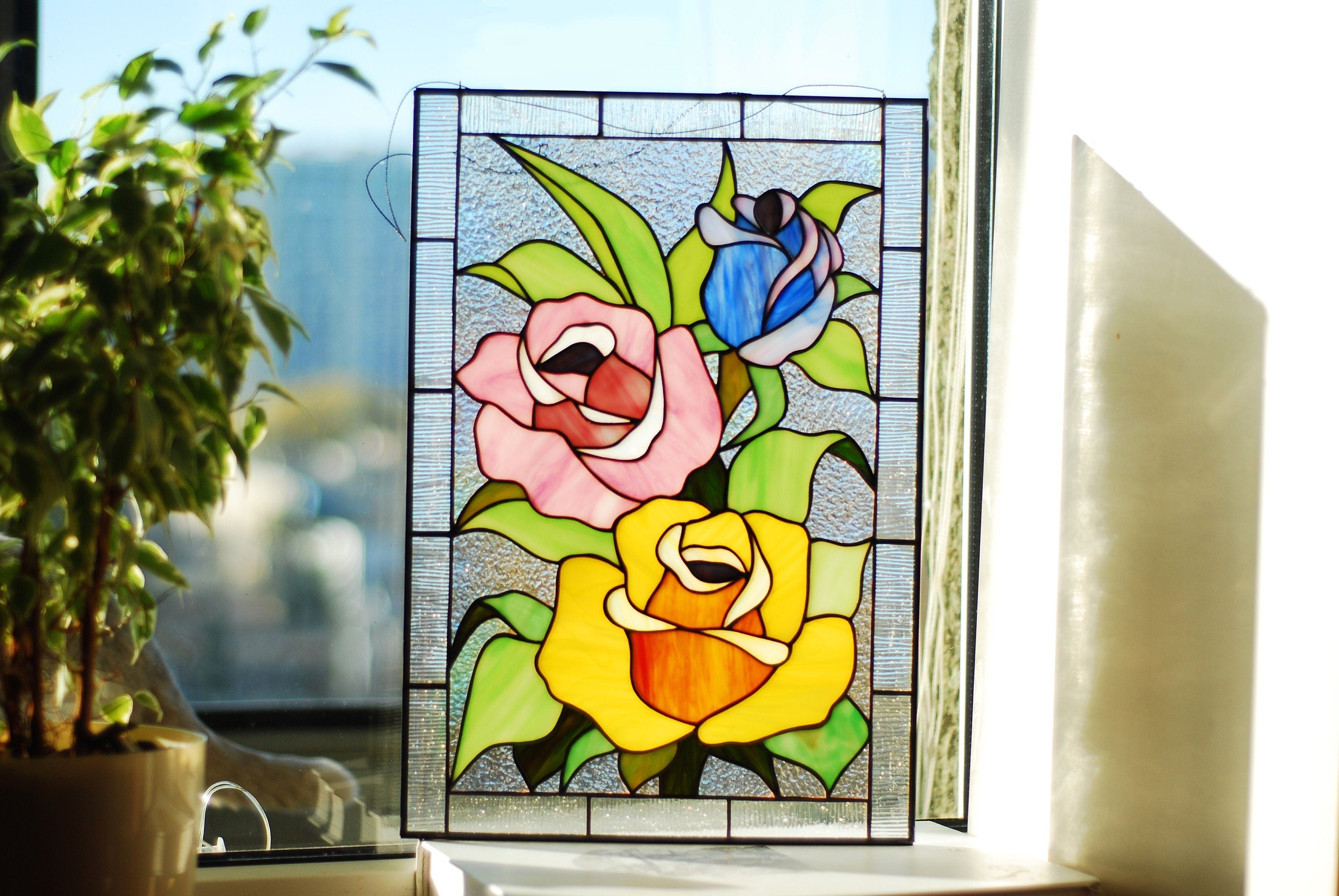 Stained glass window panel multicolored roses, Handmade sun catcher, Personalized gift, Window hangings, Tiffany glass art