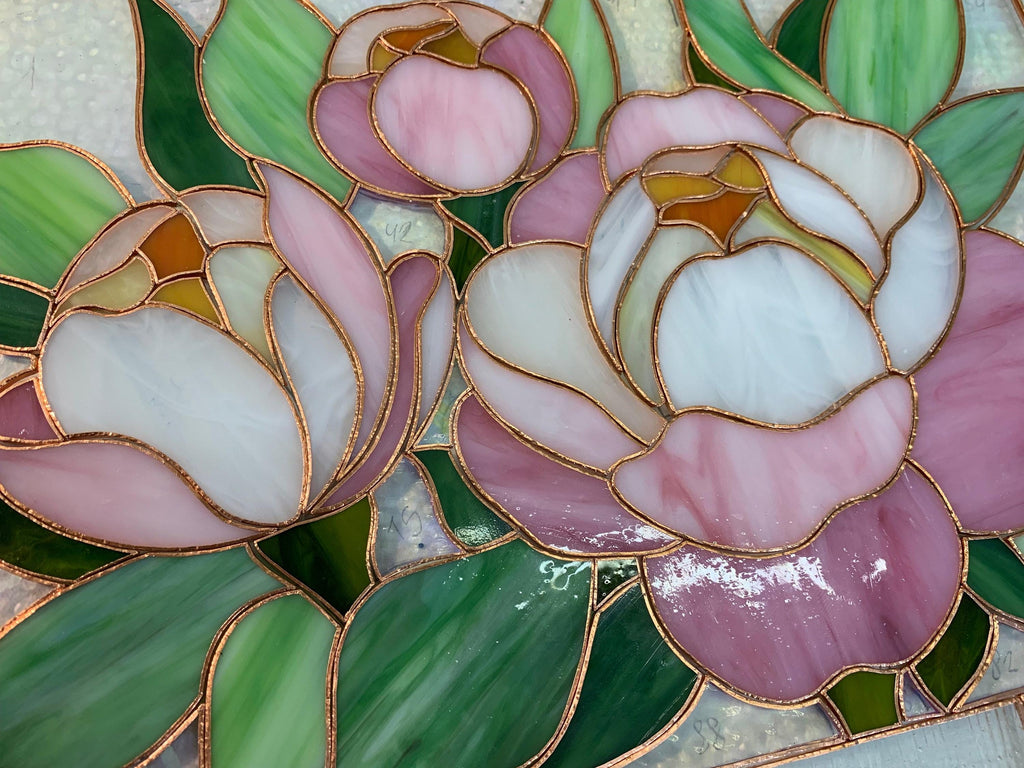 Peonies Stained Glass Window Hanging 15.5x11.5 in, Floral Panel Suncatcher, Pink Flower Home Decor, Botanical Wall Art, Handcrafted Gift