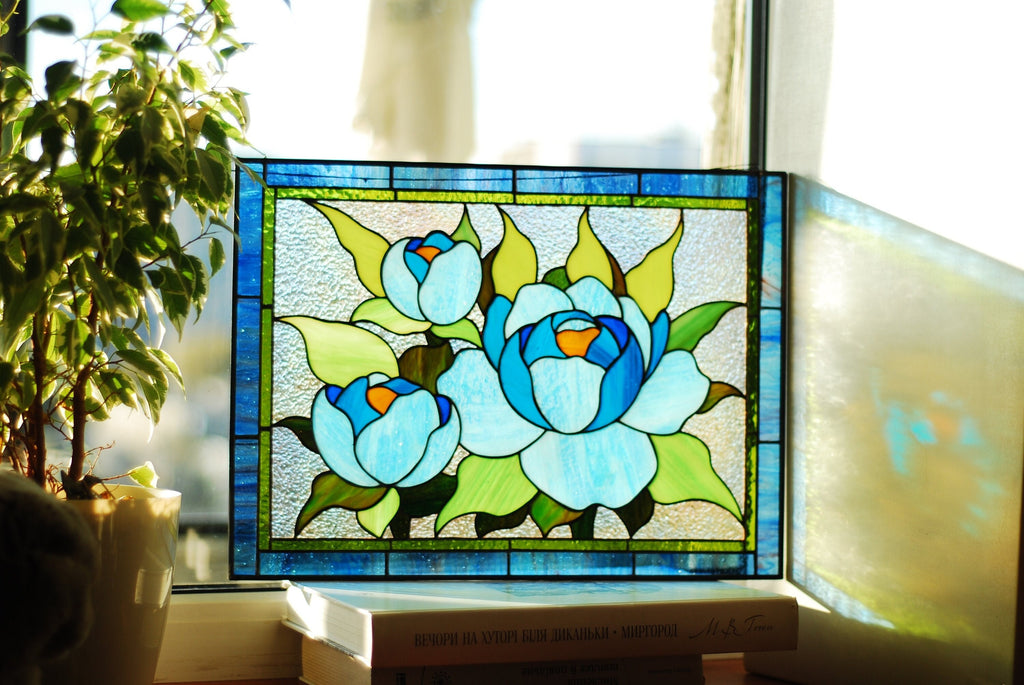 Peony stained glass window hangings, Handmade,Easter Gift for Mom, Custom stained glass flower decor, Modern stained glass panel