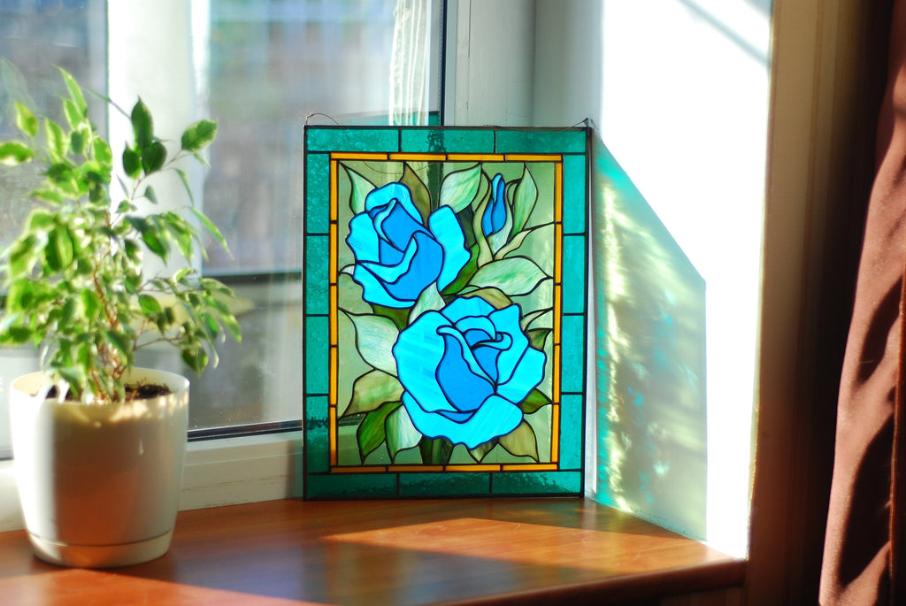 Stained Glass Window Panel Blue Rose 11x14 in.Personalized Gift for Mom, Large Window Hangings, Custom Flower Suncatchers, Tiffany Glass art