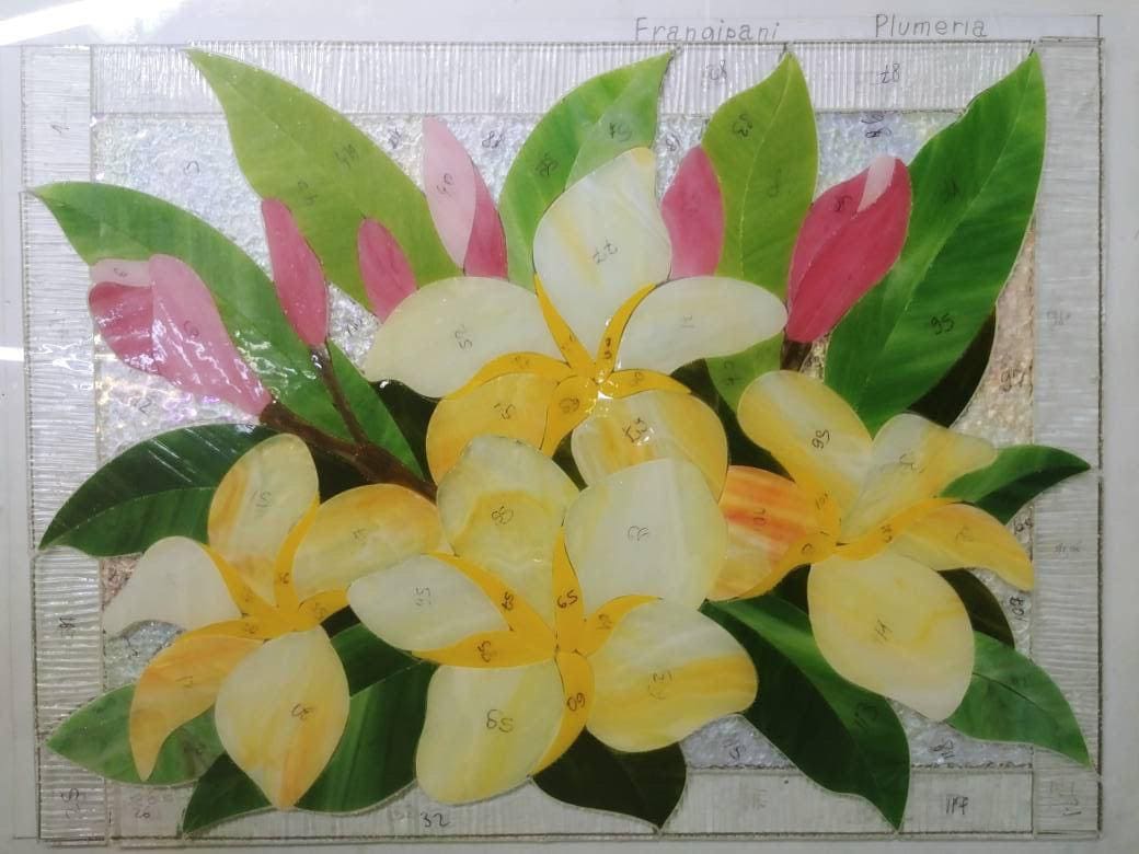 Plumeria Stained Glass Window Hanging, Frangipani Floral Panel, Tropical Flower Suncatcher, Botanical Wall Art, Handcrafted Nature Gift