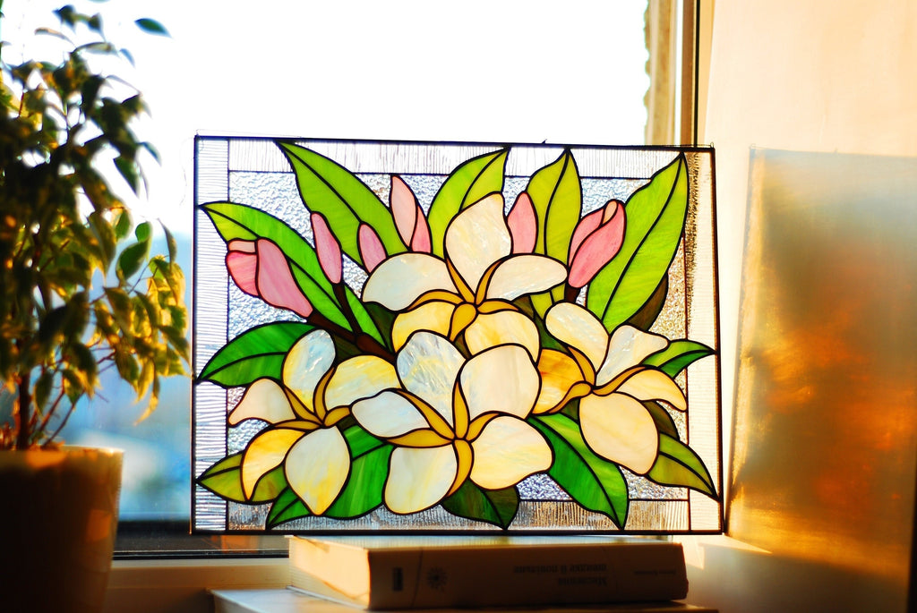 Plumeria Stained Glass Window Hanging, Frangipani Floral Panel, Tropical Flower Suncatcher, Botanical Wall Art, Handcrafted Nature Gift