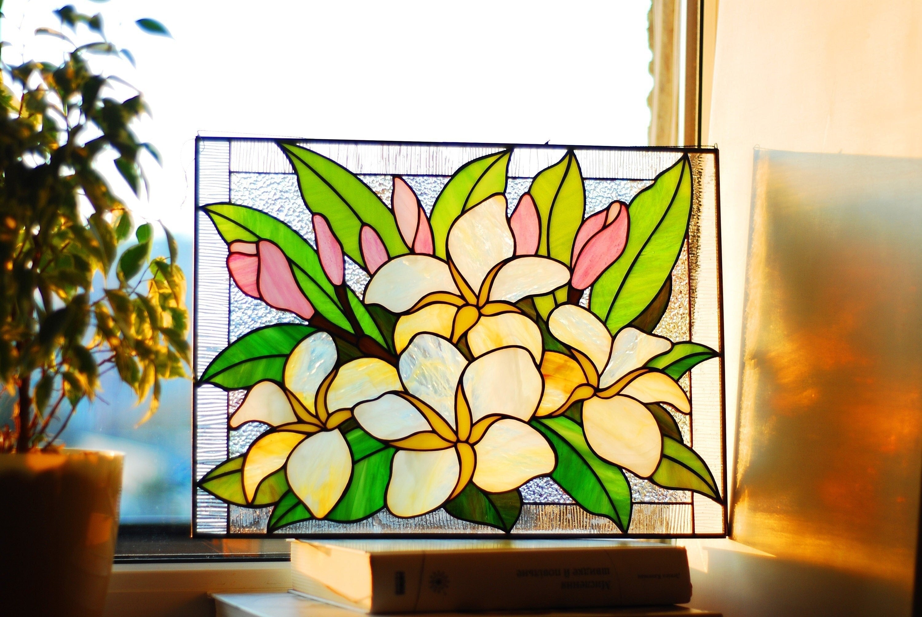 Plumeria Stained Glass Window Hanging, Frangipani Floral Panel, Tropical Flower Suncatcher, Botanical Wall Art, Handcrafted Nature Gift