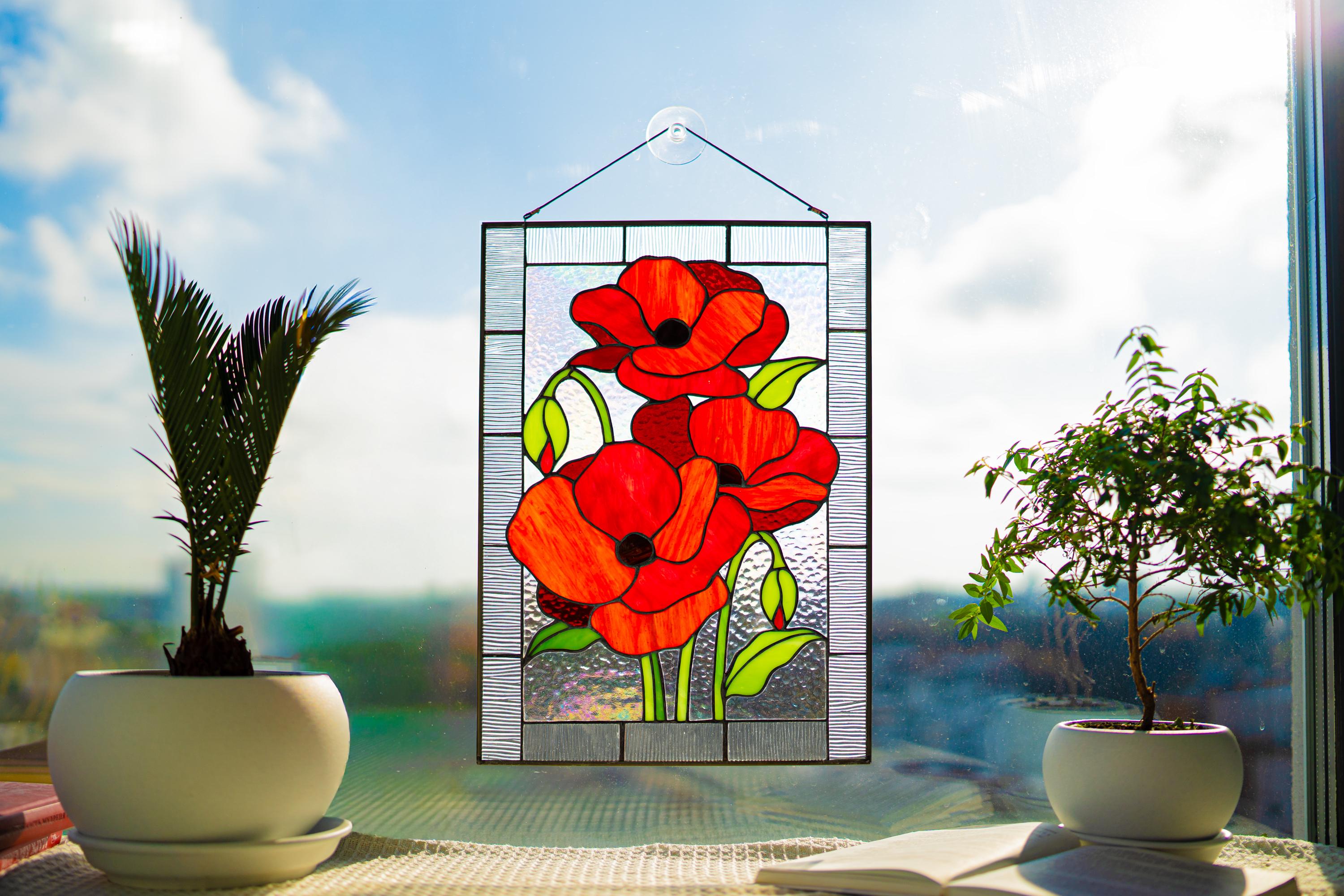 Stained Glass Panel Red Poppies Flowers 15 x 10.6 inch. Tiffany Window Hanging, Custom Sun catcher, Handmade Mother’s Day gift, Glass Art