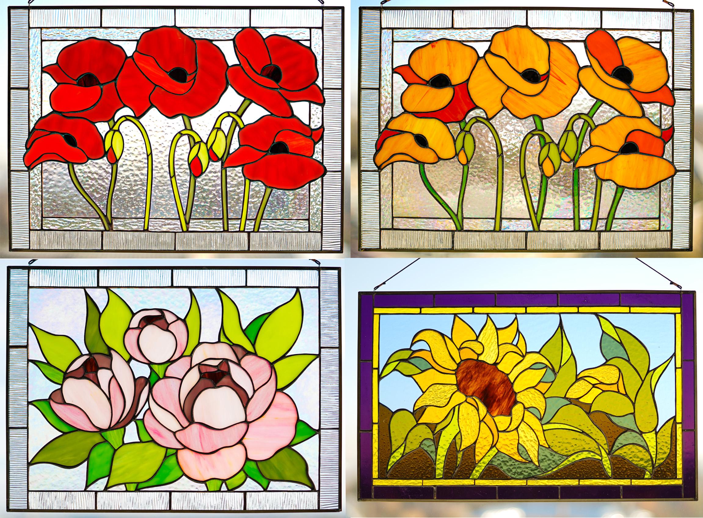 Stained Glass Panel Red Poppies Flowers 15 x 10.6 inch. Tiffany Window Hanging, Custom Sun catcher, Handmade Mother’s Day gift, Glass Art