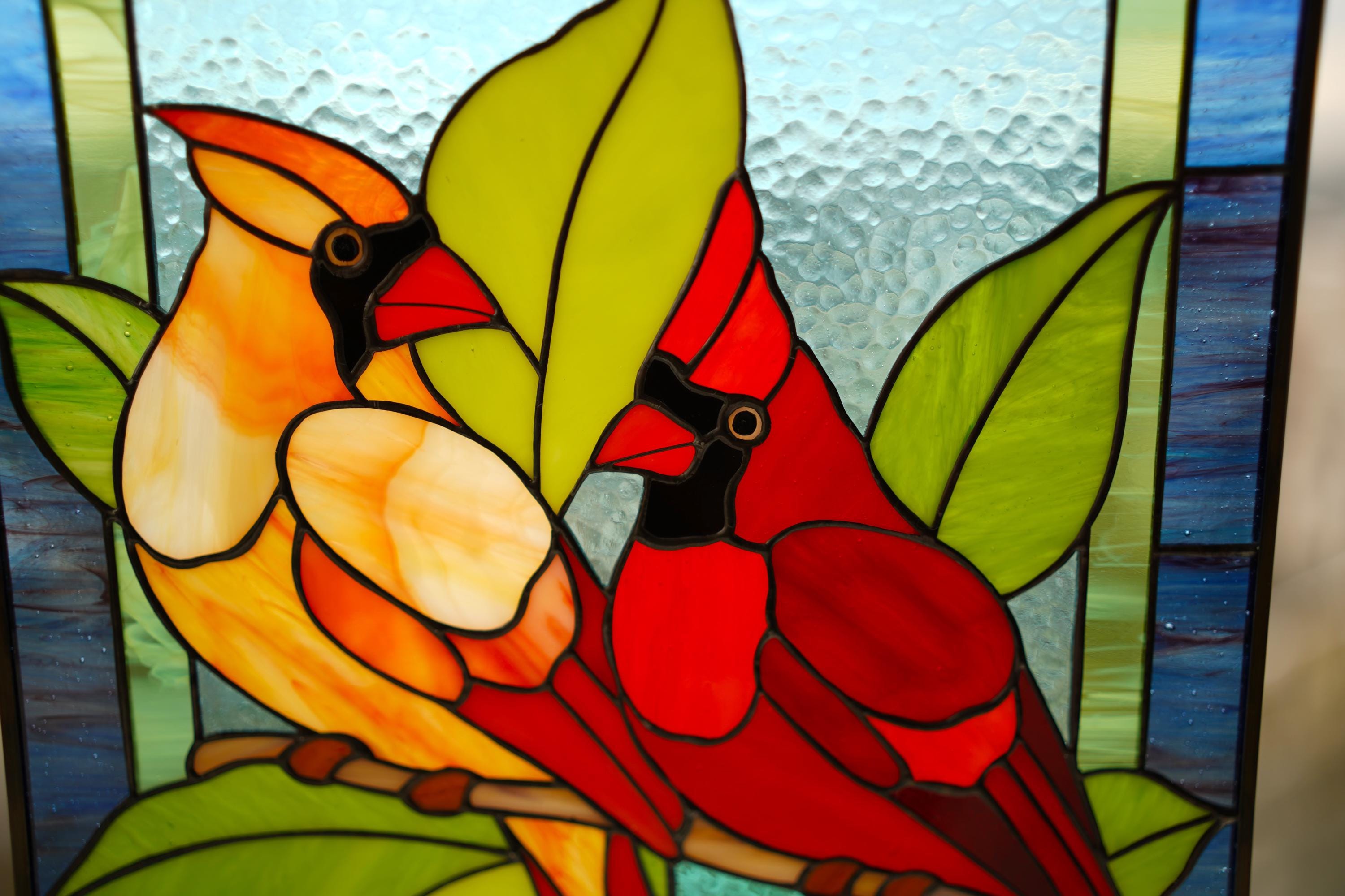 Cardinal stained glass window panel, Couple of Bird stained glass window hangings Cardinal memorial suncatcher Tiffany Glass art
