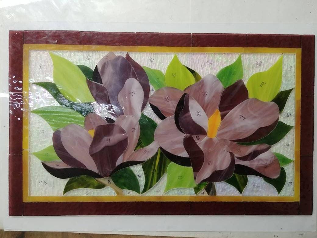 Stained Glass Magnolia Panel 15.5 x12.5 inch. Floral Window Hangings, Purple flower Suncatcher, Handmade Home Decoration Tiffany Glass Art