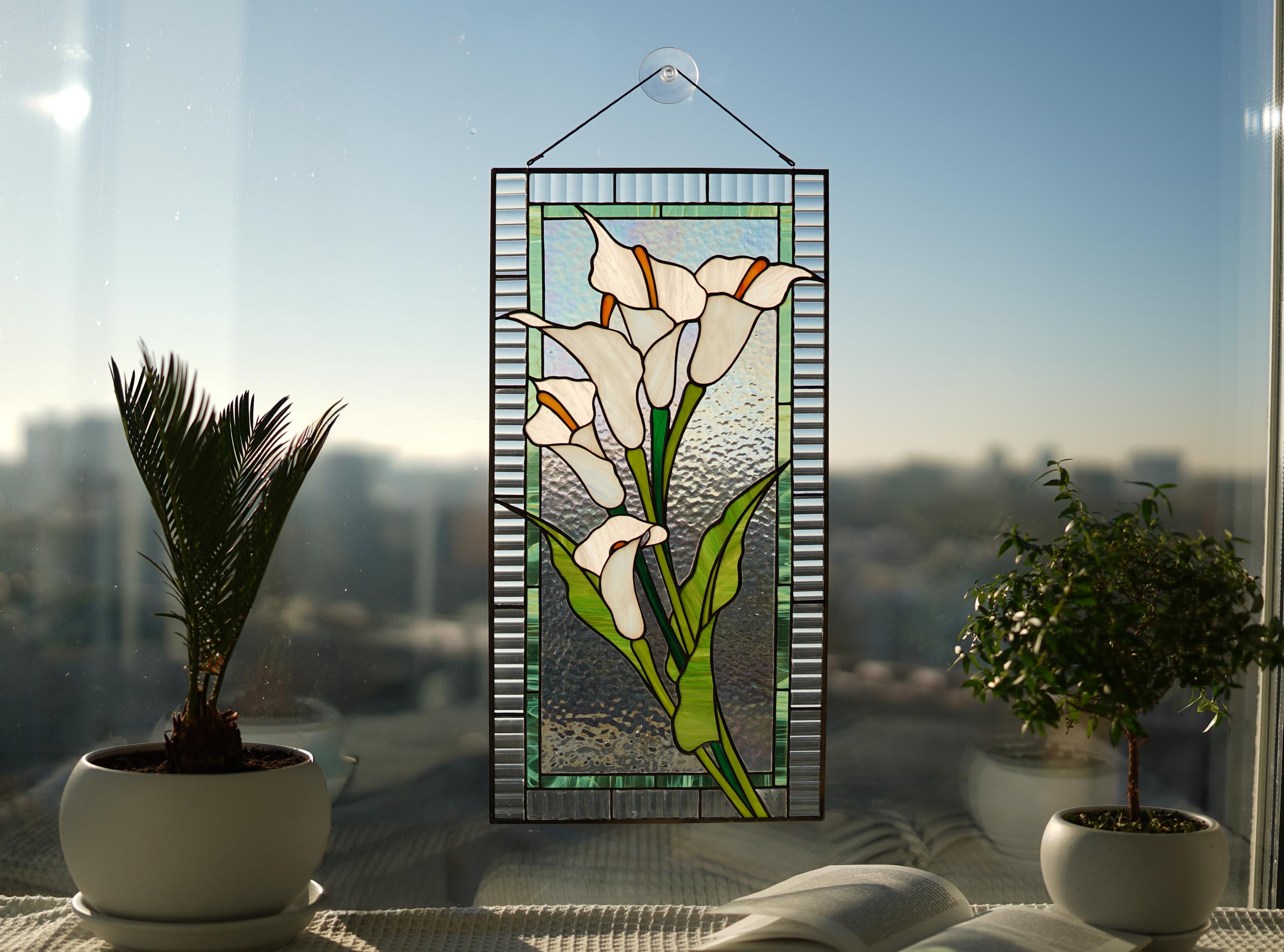 Stained Glass Panel Calla Lily White Flower Window Hanging, Large Stained Glass Suncatcher Tiffany glass art, Handmade Mother’s Day gift