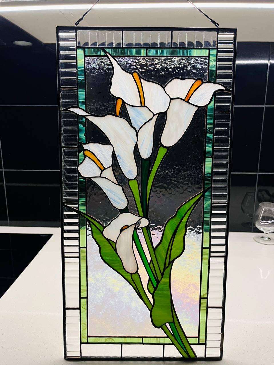 Stained Glass Panel Calla Lily White Flower Window Hanging, Large Stained Glass Suncatcher Tiffany glass art, Handmade Mother’s Day gift