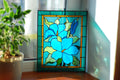 Stained Glass Window Panel Blue Hibiscus Flowers Rectangle Window Hangings Stained Glass  Sun Catcher, Mother’s Day gift, Glass Art