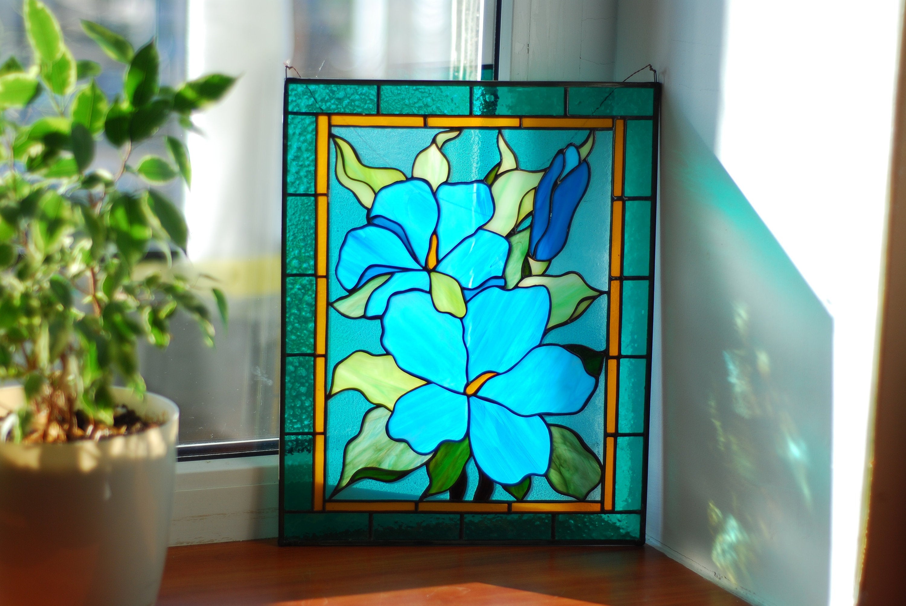 Stained Glass Window Panel Blue Hibiscus Flowers Rectangle Window Hangings Stained Glass  Sun Catcher, Mother’s Day gift, Glass Art