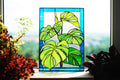 Stained Glass Window Panel Monstera Leaves Custom Window Hangings, Rectangle Suncatcher, Handmade Mother’s Day gift, Tiffany Glass Art