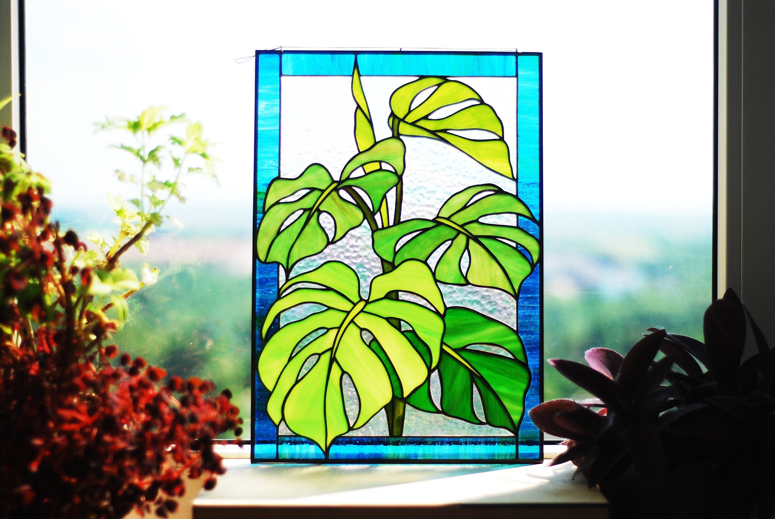 Stained Glass Window Panel Monstera Leaves Custom Window Hangings, Rectangle Suncatcher, Handmade Mother’s Day gift, Tiffany Glass Art
