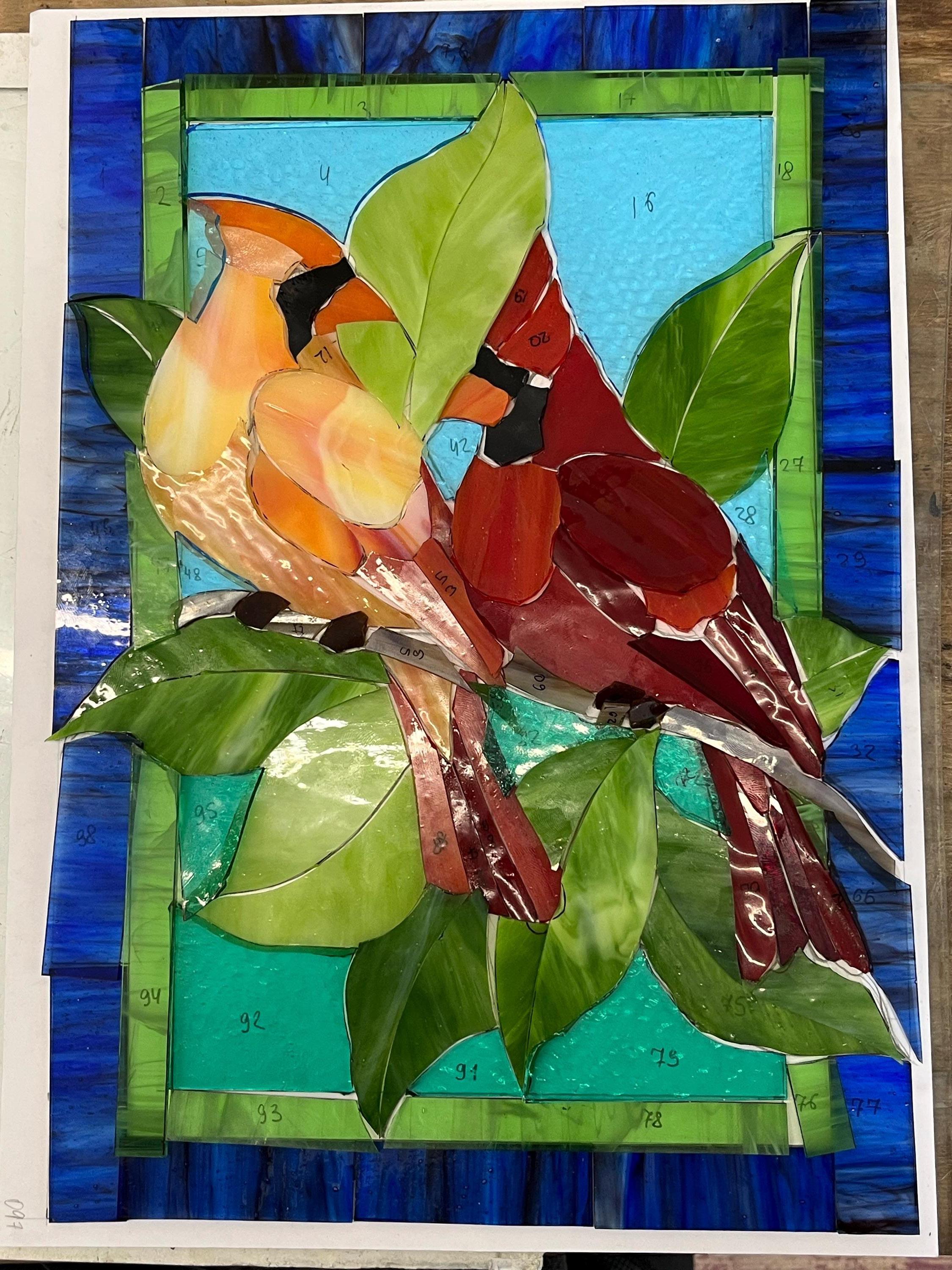 Cardinal stained glass window panel, Couple of Bird stained glass window hangings Cardinal memorial suncatcher Tiffany Glass art