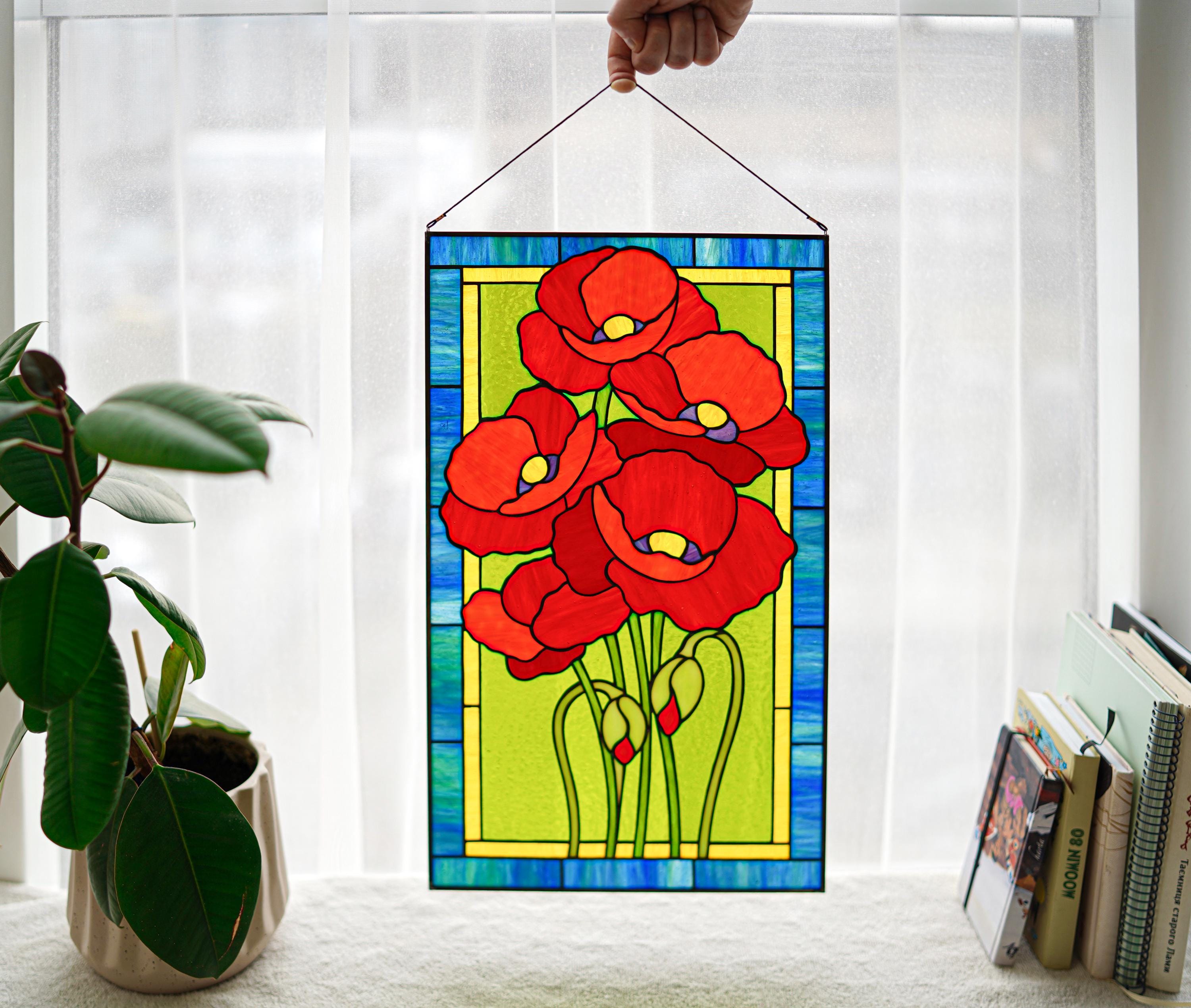 Stained Glass Poppy Panel 19x11 Inch, Handmade Window Hanging, Red Floral Wall Art, Tiffany Technique, Cottagecore Decor, Mother’s Day Gift