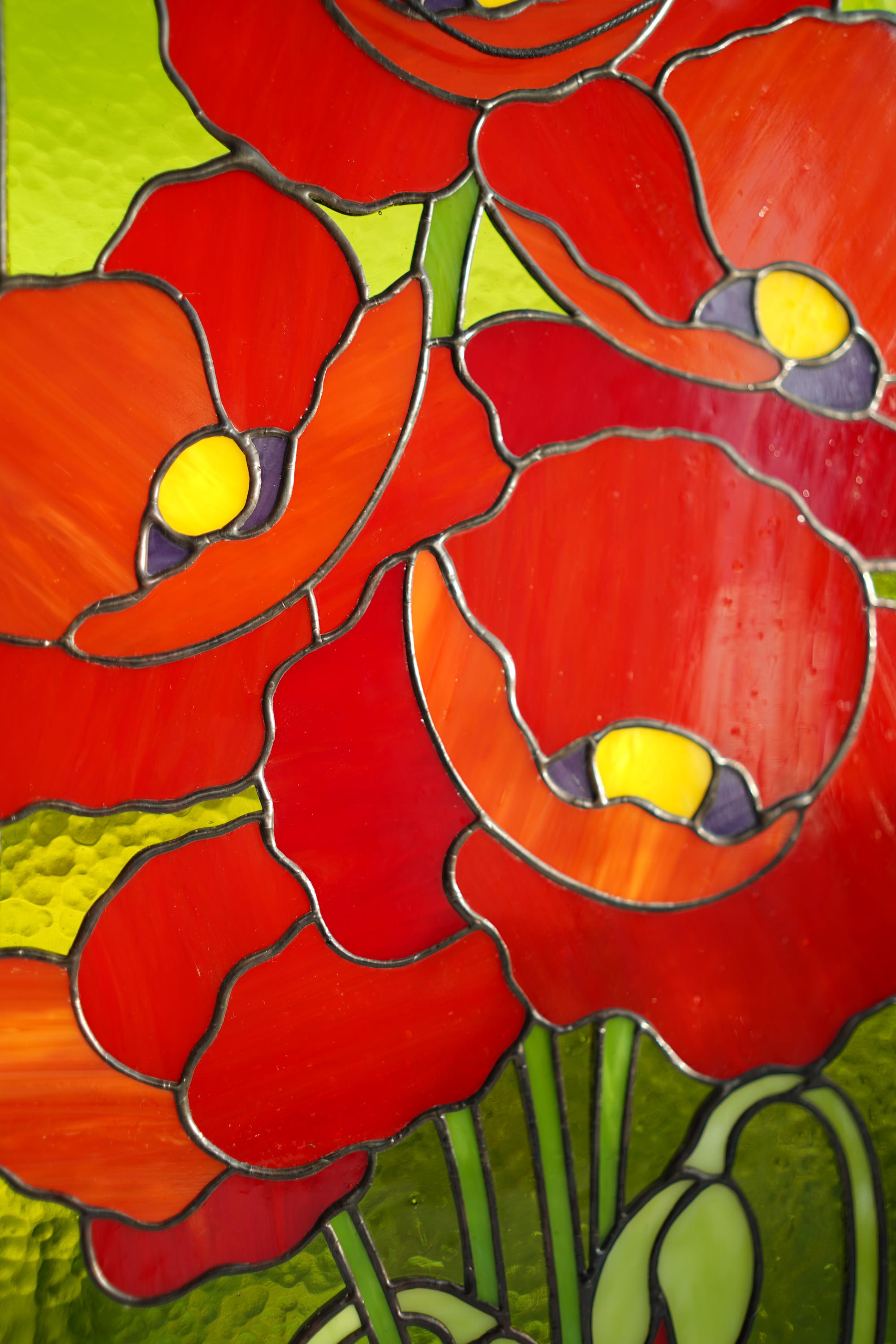 Stained Glass Poppy Panel 19x11 Inch, Handmade Window Hanging, Red Floral Wall Art, Tiffany Technique, Cottagecore Decor, Mother’s Day Gift