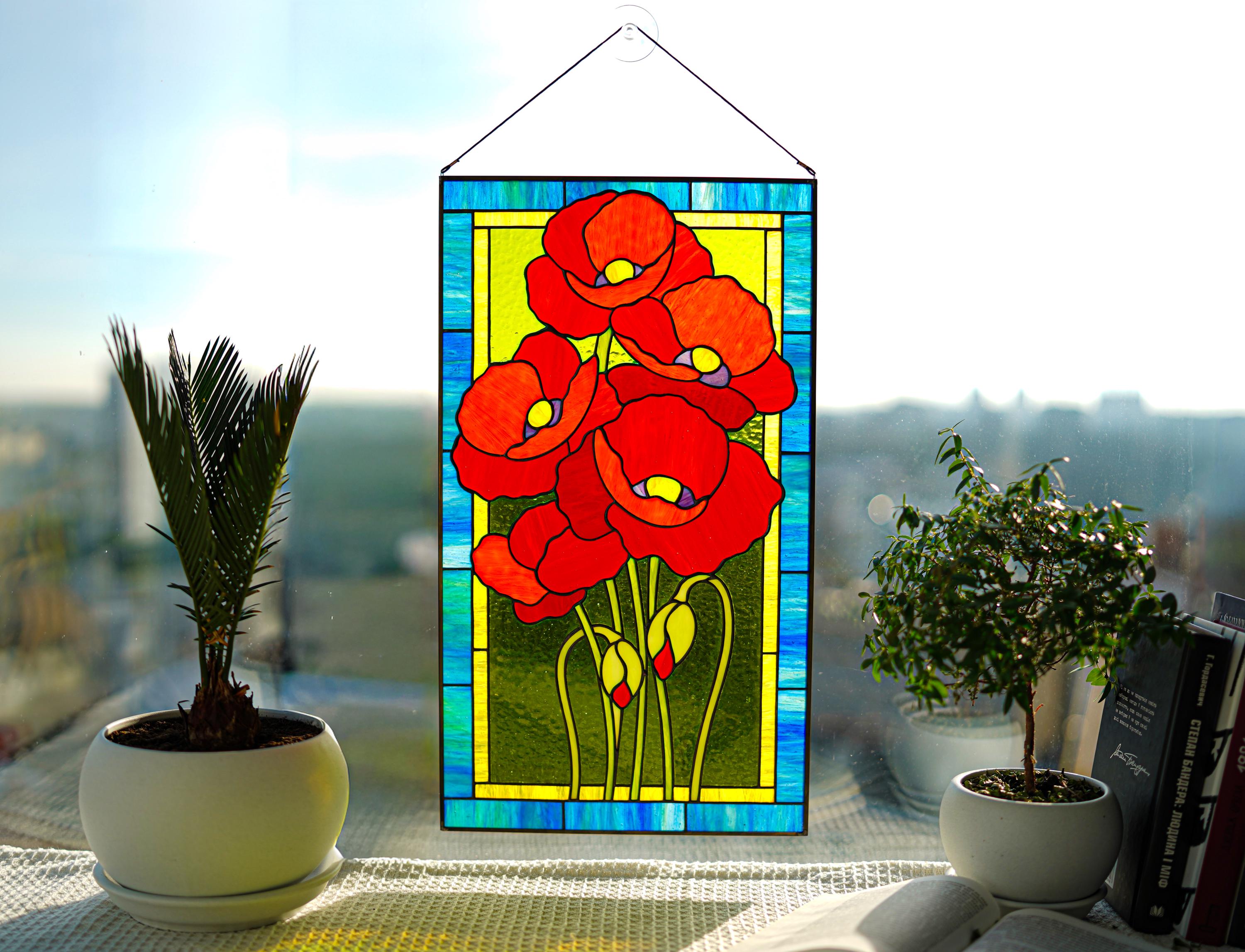 Stained Glass Poppy Panel 19x11 Inch, Handmade Window Hanging, Red Floral Wall Art, Tiffany Technique, Cottagecore Decor, Mother’s Day Gift