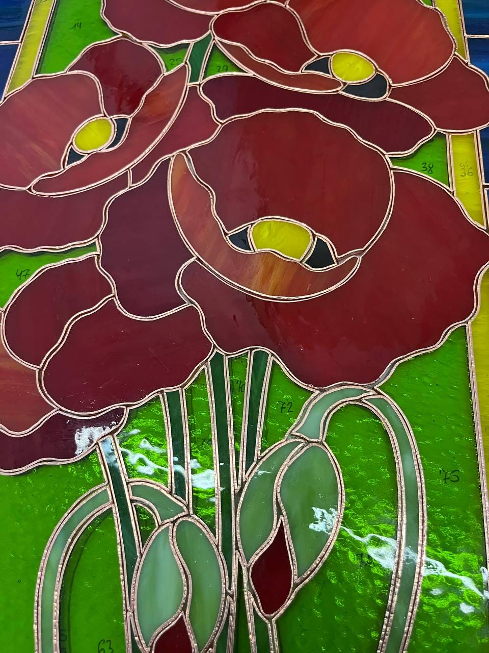 Stained Glass Poppy Panel 19x11 Inch, Handmade Window Hanging, Red Floral Wall Art, Tiffany Technique, Cottagecore Decor, Mother’s Day Gift
