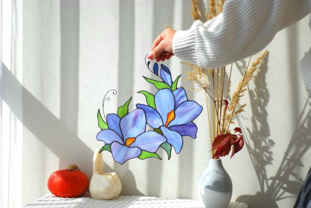 Saffron Crocus Stained Glass Window Panel: Handmade Floral Suncatcher, Mother’s Day gift, Tiffany Glass Art, Window Hangings