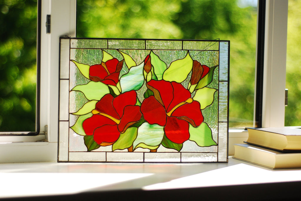 Red Hibiscus Stained Glass Panel - Floral Window Hangings, Custom Suncatcher Handmade Easter decor Tiffany glass art