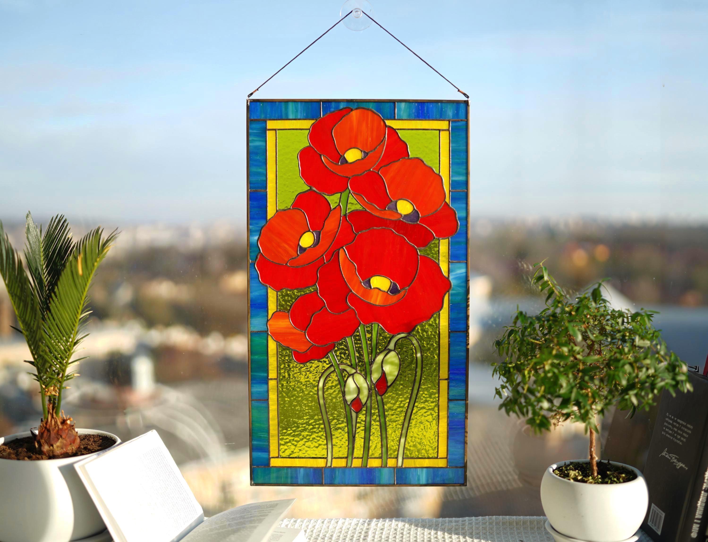 Stained Glass Poppy Panel 19x11 Inch, Handmade Window Hanging, Red Floral Wall Art, Tiffany Technique, Cottagecore Decor, Mother’s Day Gift