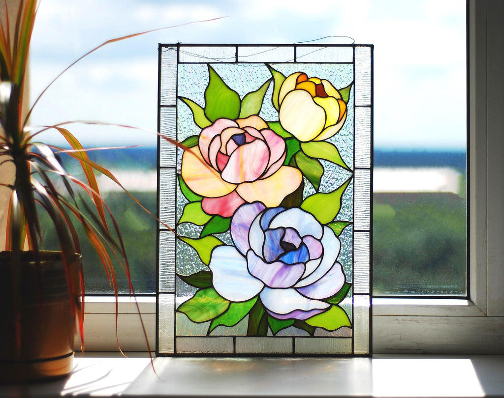 Handmade Peony Stained Glass Window Hanging, Floral Decor (11 × 16 in.)