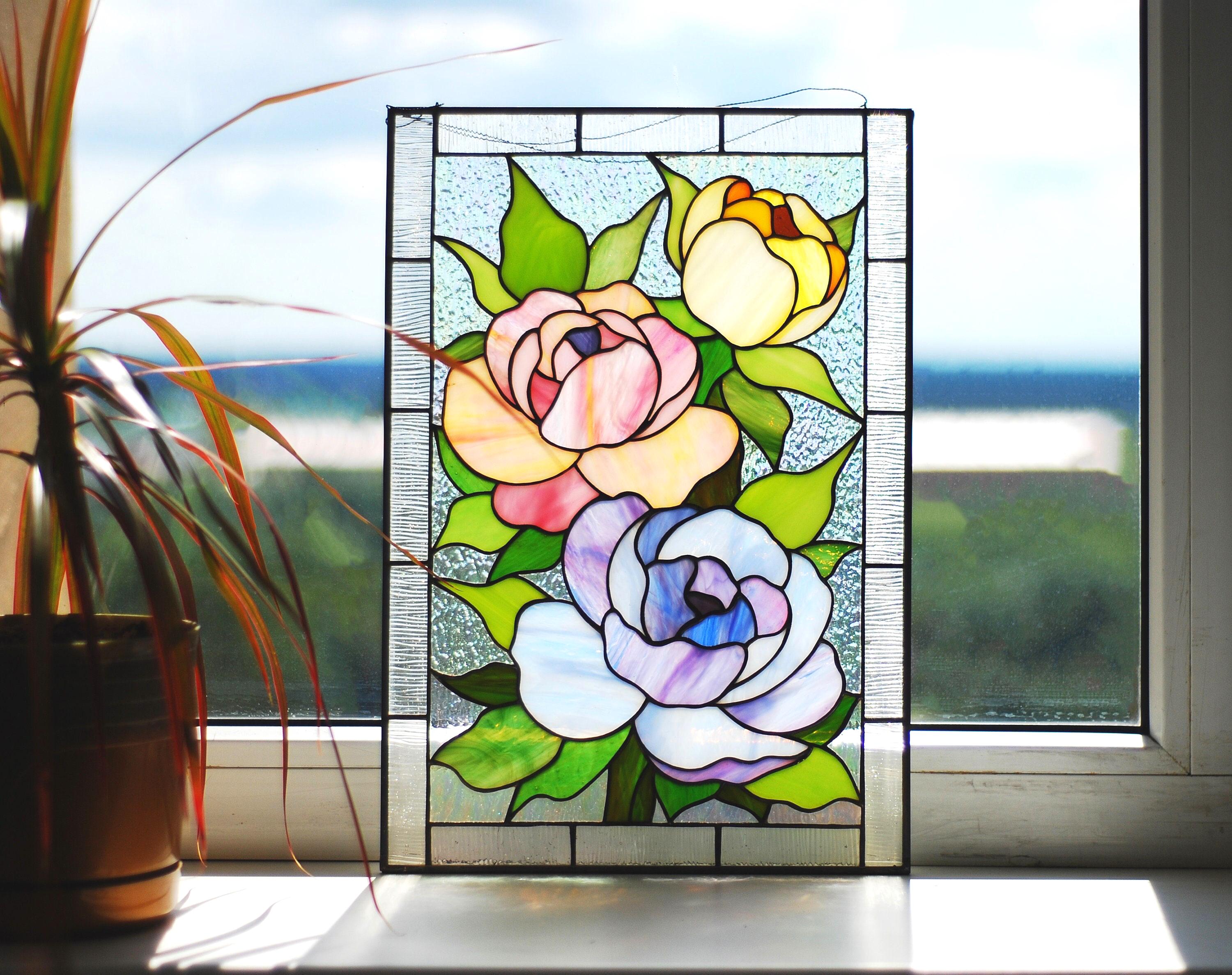 Handmade Peony Stained Glass Window Hanging, Floral Decor (11 × 16 in.)