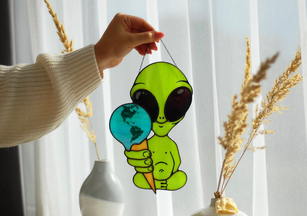 Stained Glass Alien Suncatcher, Earth Ice Cream, Space Window Decor