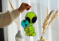 Stained Glass Alien Suncatcher, Earth Ice Cream, Space Window Decor