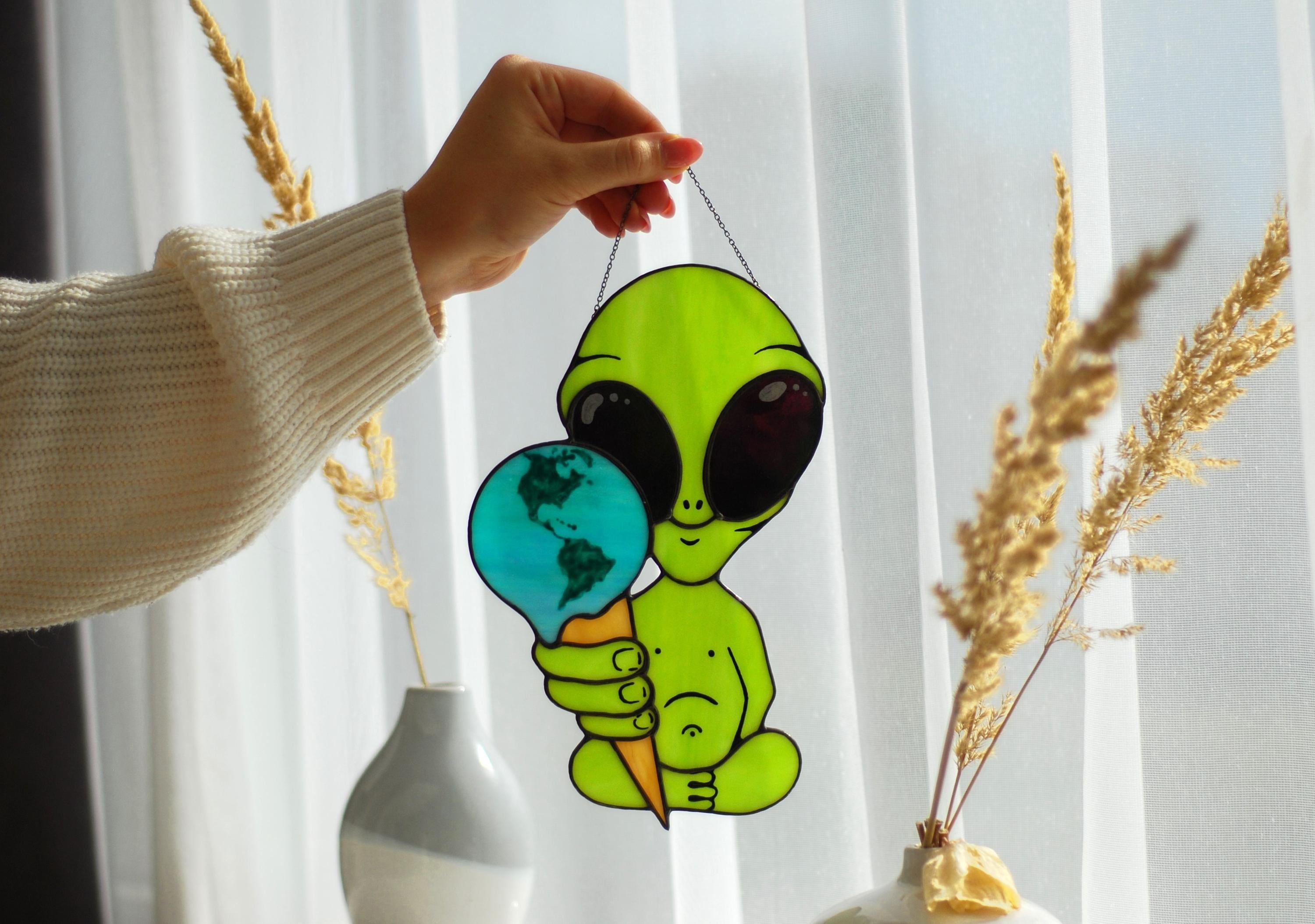 Stained Glass Alien Suncatcher, Earth Ice Cream, Space Window Decor