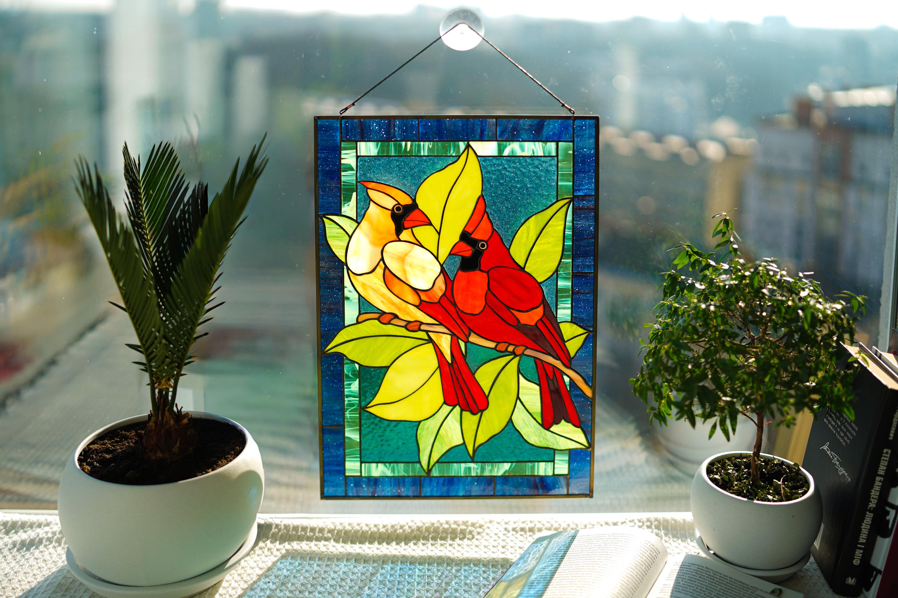Cardinal stained glass window panel, Couple of Bird stained glass window hangings Cardinal memorial suncatcher Tiffany Glass art