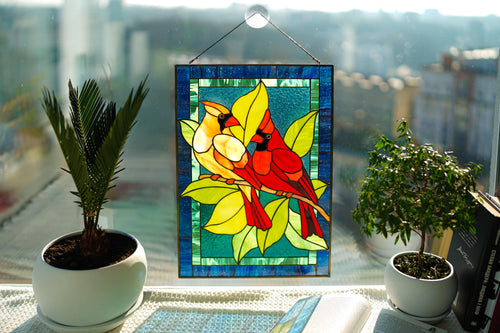 Cardinal stained glass window panel, Couple of Bird stained glass window hangings Cardinal memorial suncatcher Tiffany Glass art