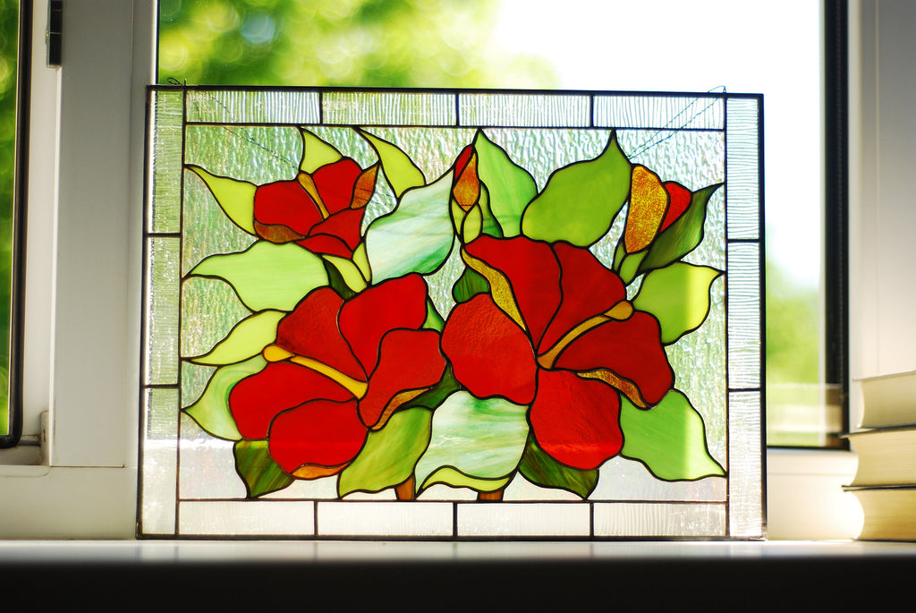 Red Hibiscus Stained Glass Panel - Floral Window Hangings, Custom Suncatcher Handmade Easter decor Tiffany glass art